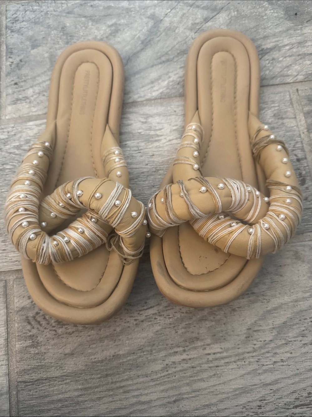 PrettyLittleThing Beige Knot Pearl-Embellished Slide Sandals